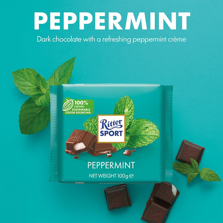 Ritter Sport Peppermint Dark Chocolate Bar, 100g - Dark Chocolate with Peppermint Crème Filling