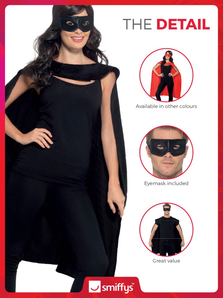 Smiffys Superhero Costume Accessory Set - Black Cape & Eyemask | One Size | Polyester 4