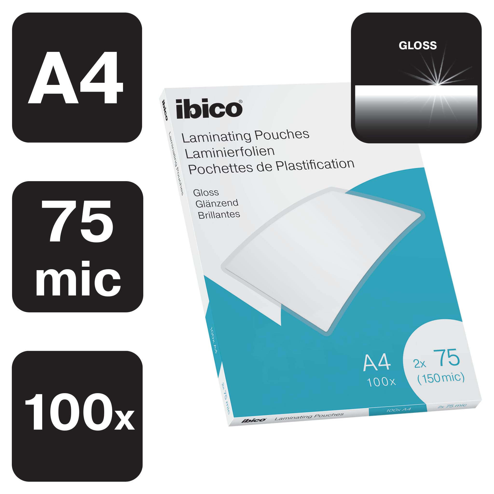 Ibico A4 Laminating Pouches 150 Micron (2x75) - 100 Pack | Anti-Static, Water Resistant, Gloss Finish