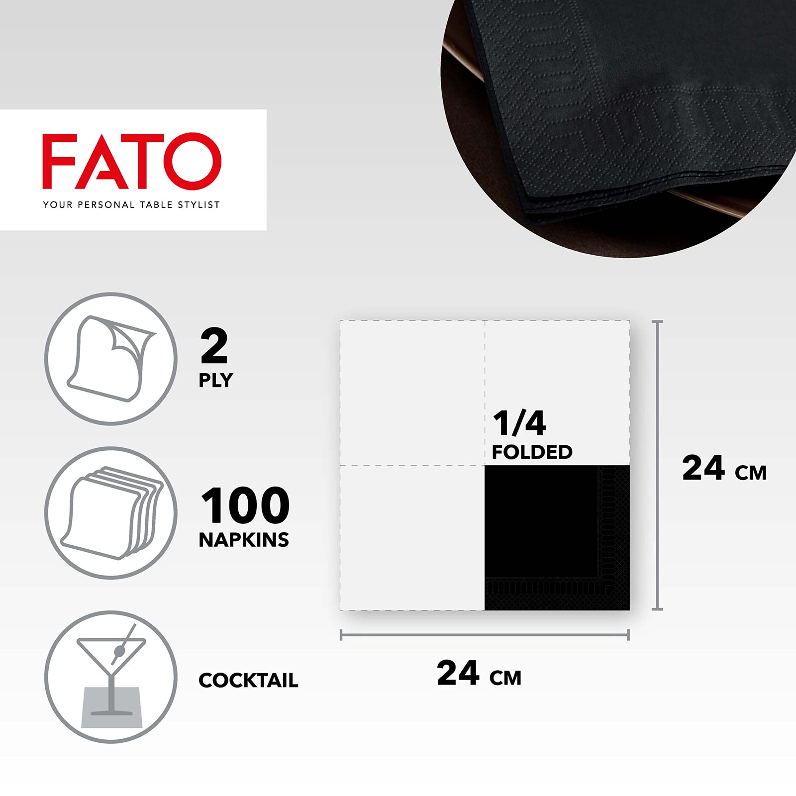 Fato - Disposable Paper Napkins 24x24 cm Black, 2-Ply, Pack of 100 2