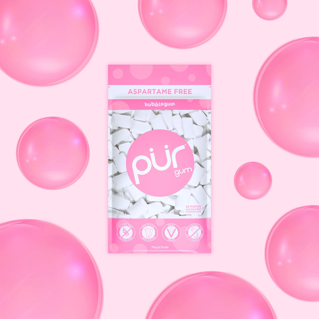 PUR - Natural Bubblegum Flavoured Sugar Free Chewing Gum (55 Pieces, Resealable Pack)