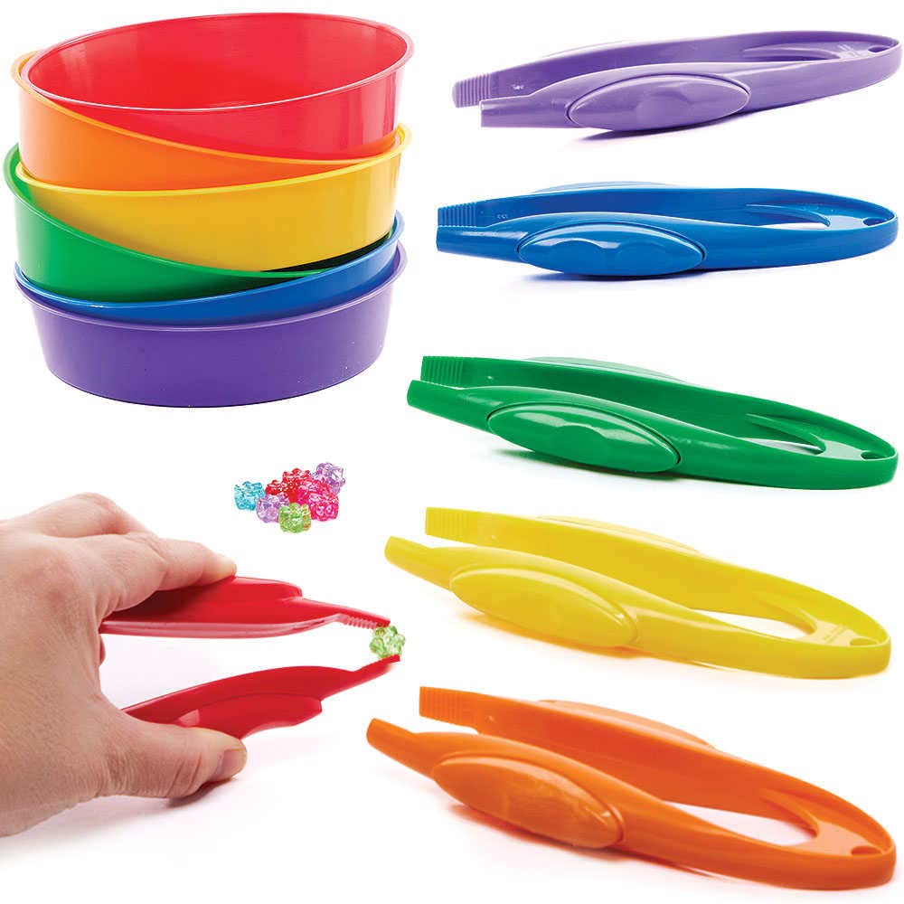 Baker Ross FC936 Plastic Tweezers and Sorting Trays - Pack of 6 Sets for Kids Crafting