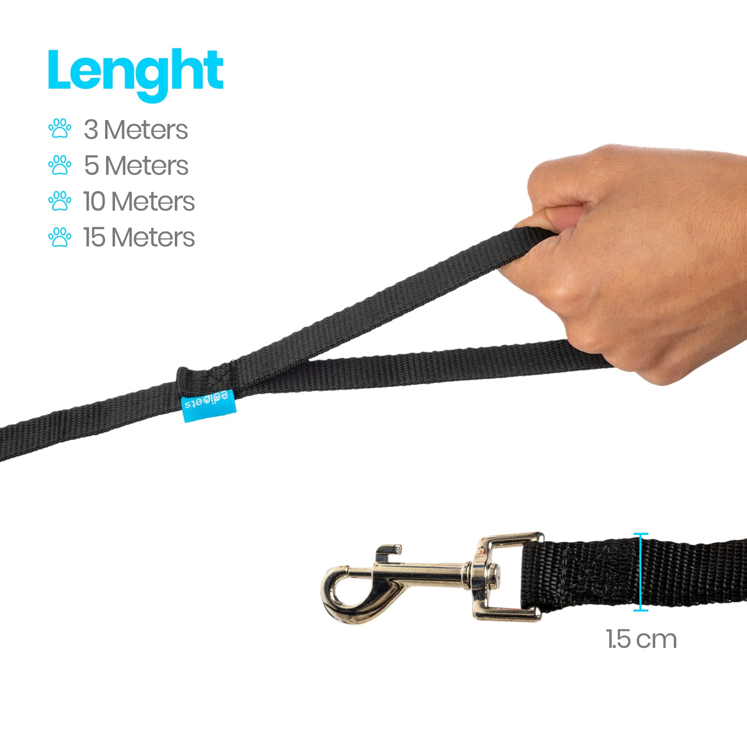 Edipets Durable Nylon Training Lead for Dogs | Stainless Steel Clip | 3m Length | Padded Handle