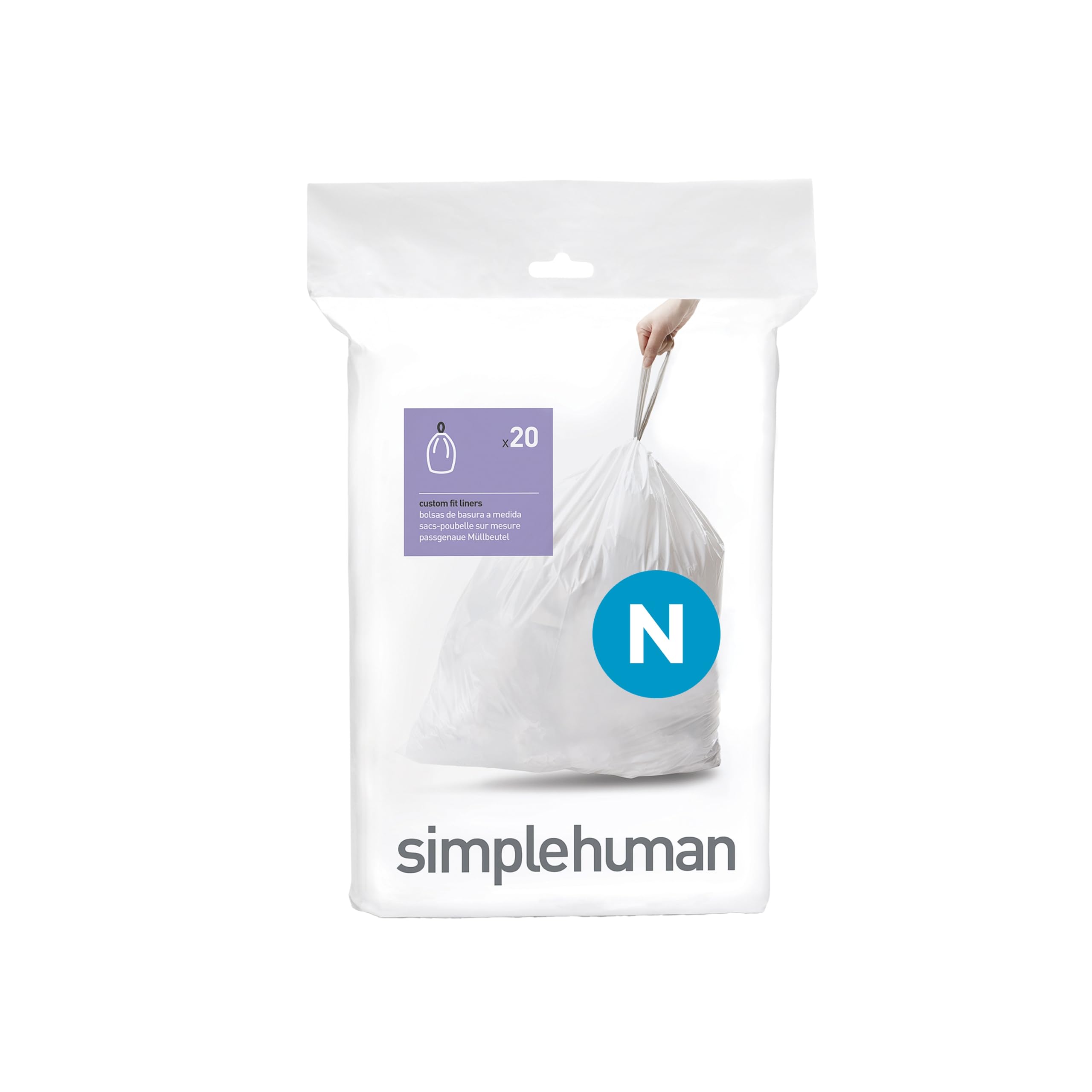 simplehuman Code N Custom Fit Bin Liners - 50 Litre Capacity, White Plastic, Pack of 20 1