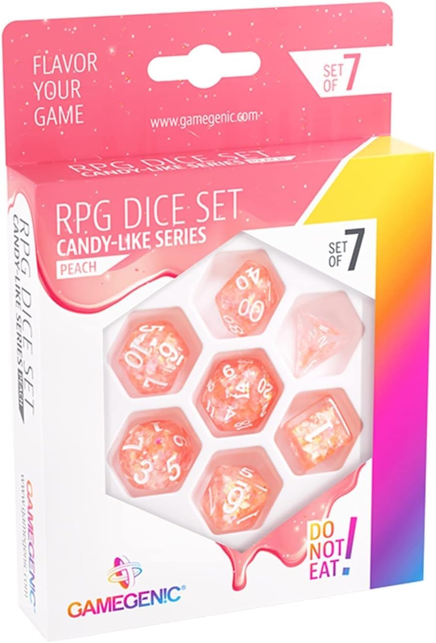Gamegenic Candy-Like Series Peach Glitter Resin RPG Dice Set – 7-Piece Polyhedral Dice for Roleplaying Games 6