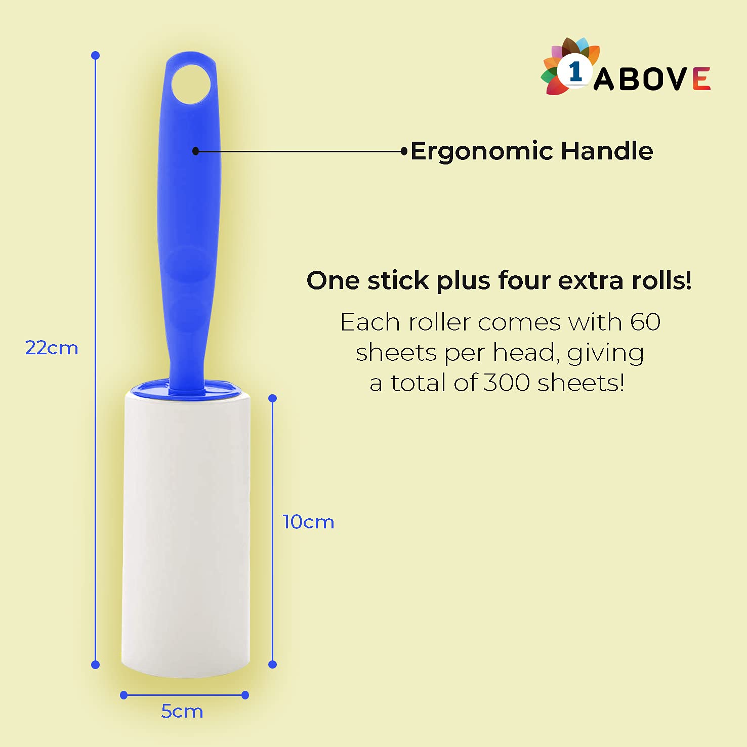 1ABOVE Lint Roller - 300 Total Sticky Sheets | Ergonomic Handle | White & Blue 3