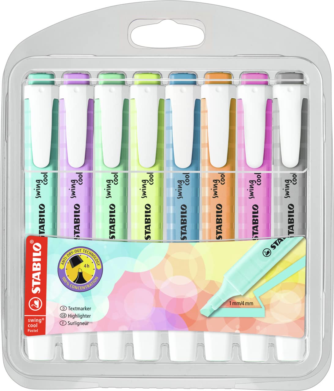STABILO Highlighter swing cool Pastel - Pack of 8 - Breezy Blue, Touch of Turquoise, Hint of Mint, Pale Orange, Dash of Lime, Lilac Haze, Frozen Fuchsia, Dusty Grey