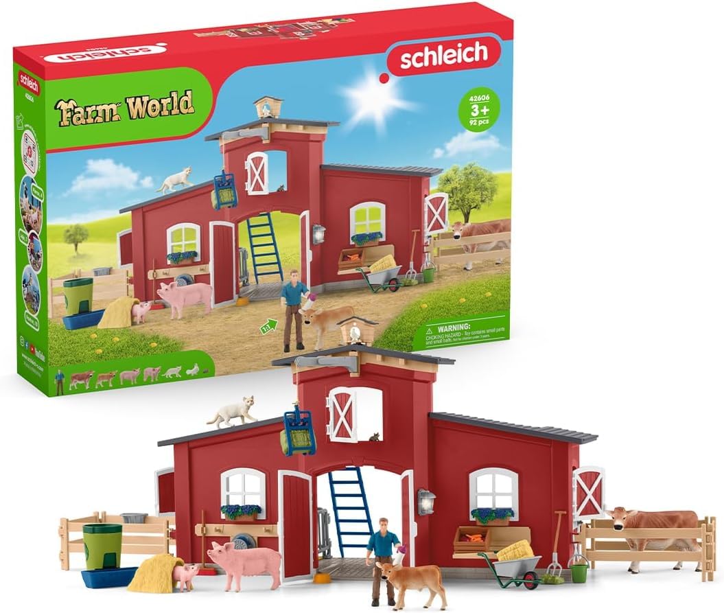 Schleich Red Barn with Animals and Accessories Farm World Playset - 92 Pieces