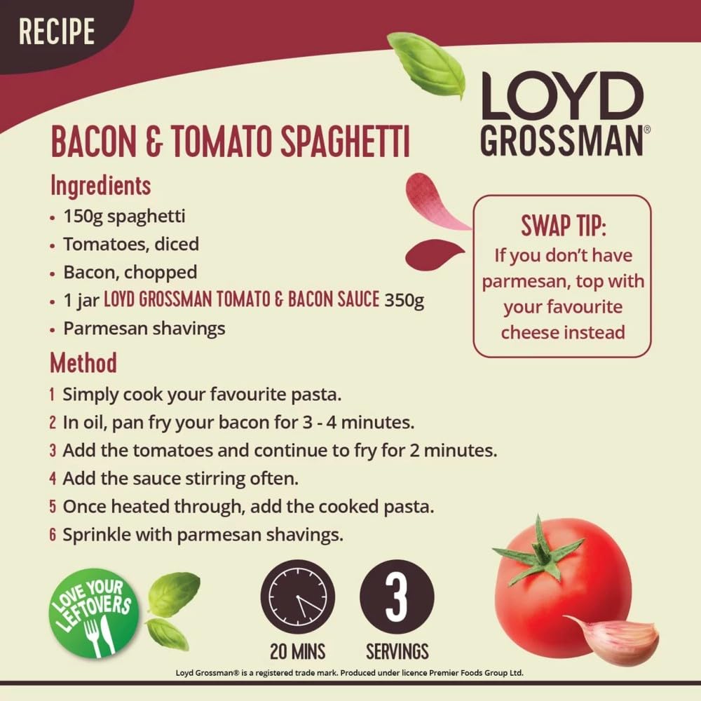 Loyd Grossman Italian Tomato & Smoked Bacon Sauce – Rich Tomato Base with Smoked Bacon & Red Chilli, 350g