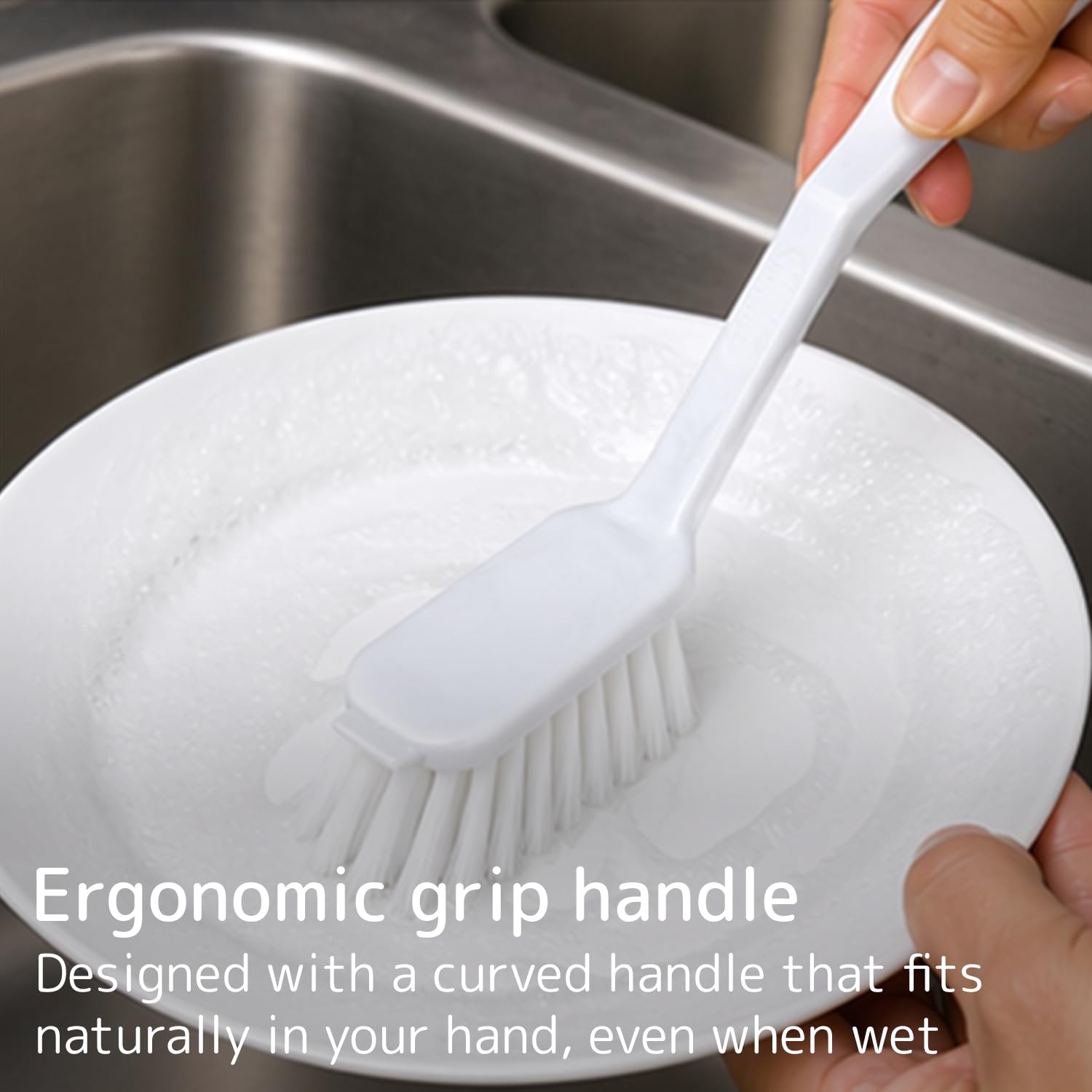 ABENA Dishwashing Brush - 27cm Long Handle with Stiff Bristle & Scraper | White 3