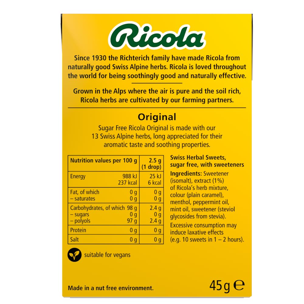 Ricola Original Sugar Free Swiss Herbal Sweets, Herb Drops, Sweet Box 45g - Pack of 20 Boxes