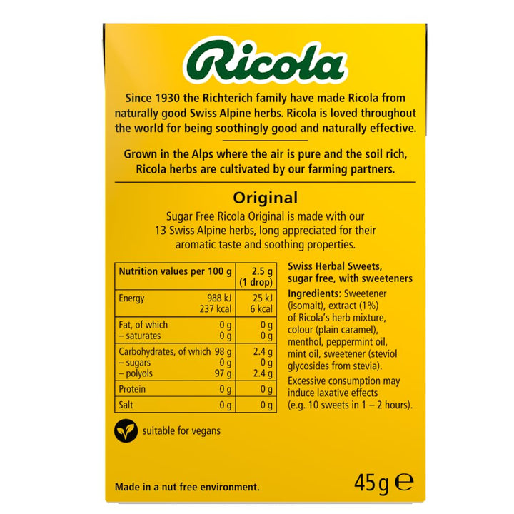 Ricola Original Sugar Free Swiss Herbal Sweets, Herb Drops, Sweet Box 45g - Pack of 20 Boxes