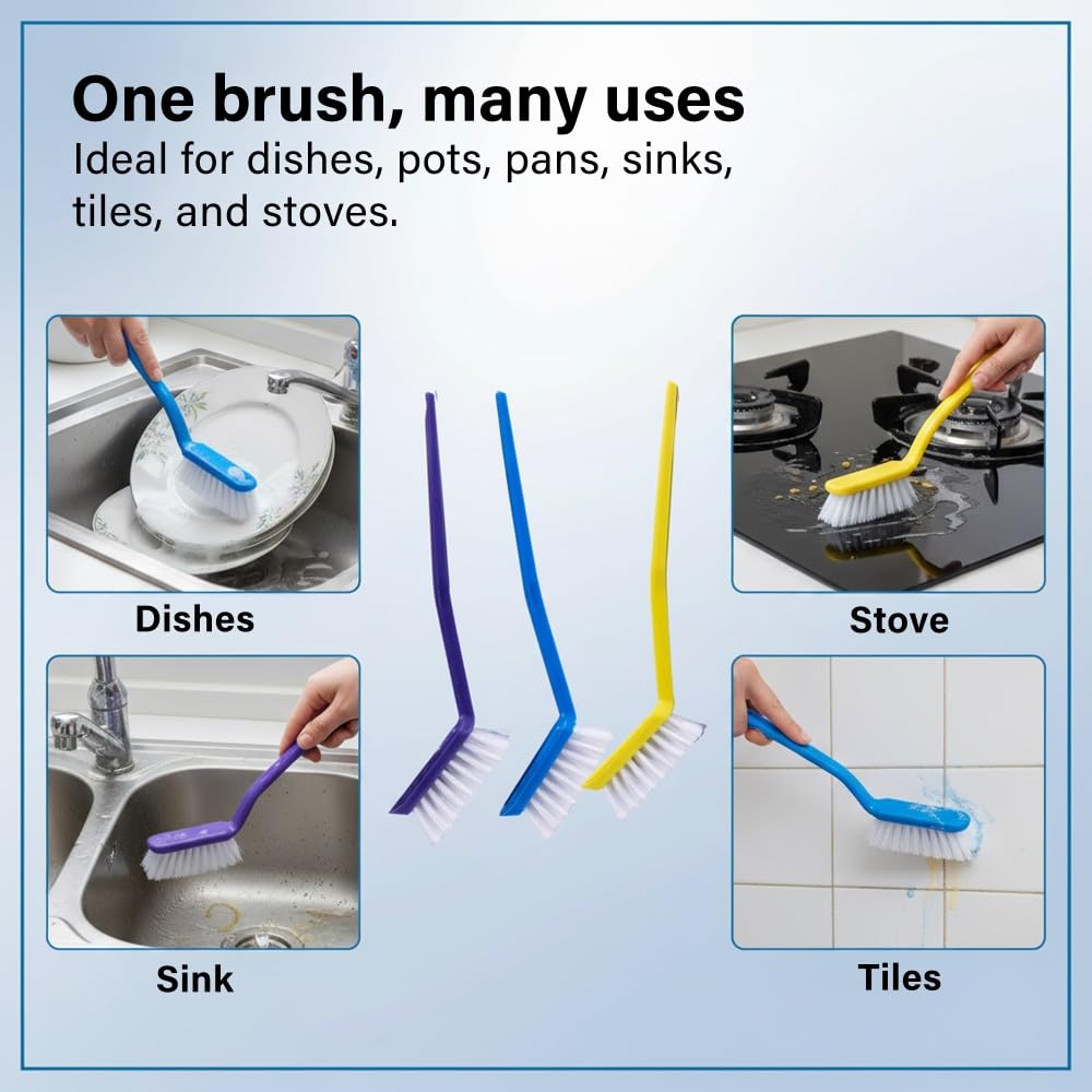 Vivo Technologies - Washing Up Brushes Pack of 3 | Non-Slip Grip with Built-In Scraper for Kitchen Cleaning 7