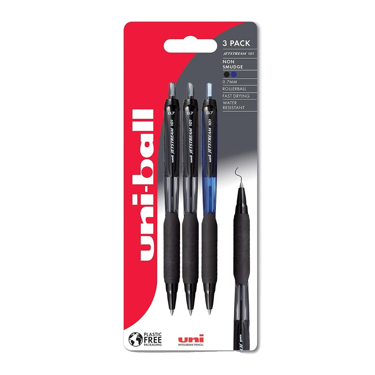 uni-ball Jetstream 101 Retractable Gel Pens - 0.7mm Fine Tip | Black & Blue Ink | Pack of 3