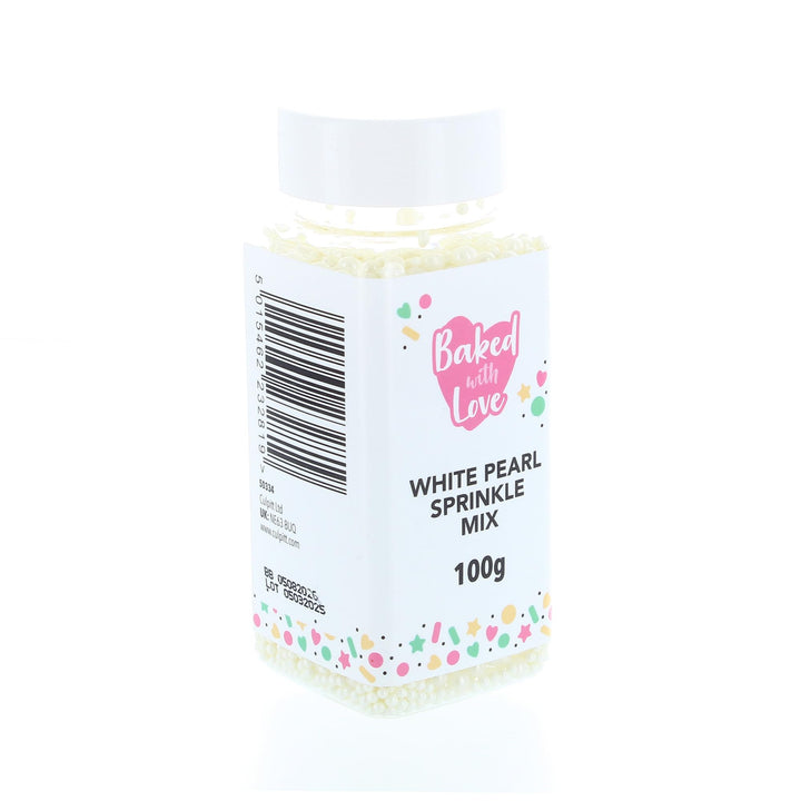 Baked with Love - White Pearl Sprinkles Mix | 100g Resealable Bottle | Mother of Pearl Sugar Balls for Cakes & Cupcakes