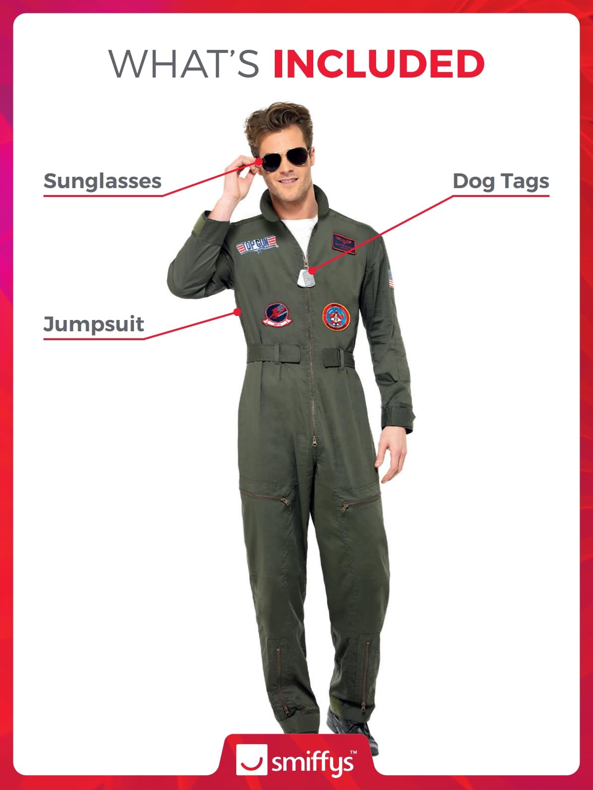 Smiffys Top Gun Deluxe Men's Costume - Green Jumpsuit, Dog Tags & Sunglasses, Size M
