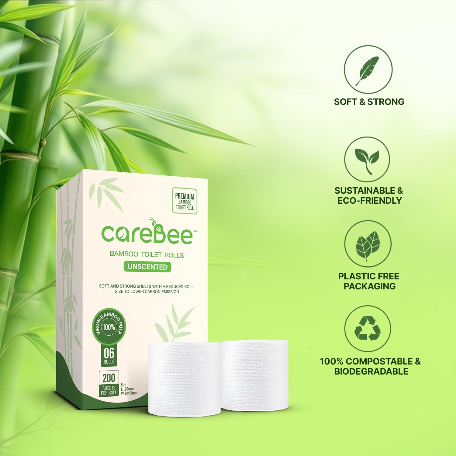 CareBee Bamboo Toilet Rolls - 3-Ply, Unscented, 12 Rolls | Plastic-Free Packaging 4