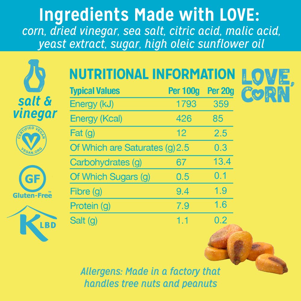 LOVE CORN Crunchy Corn Snack - Salt & Vinegar Flavour | 24 x 20g Packs