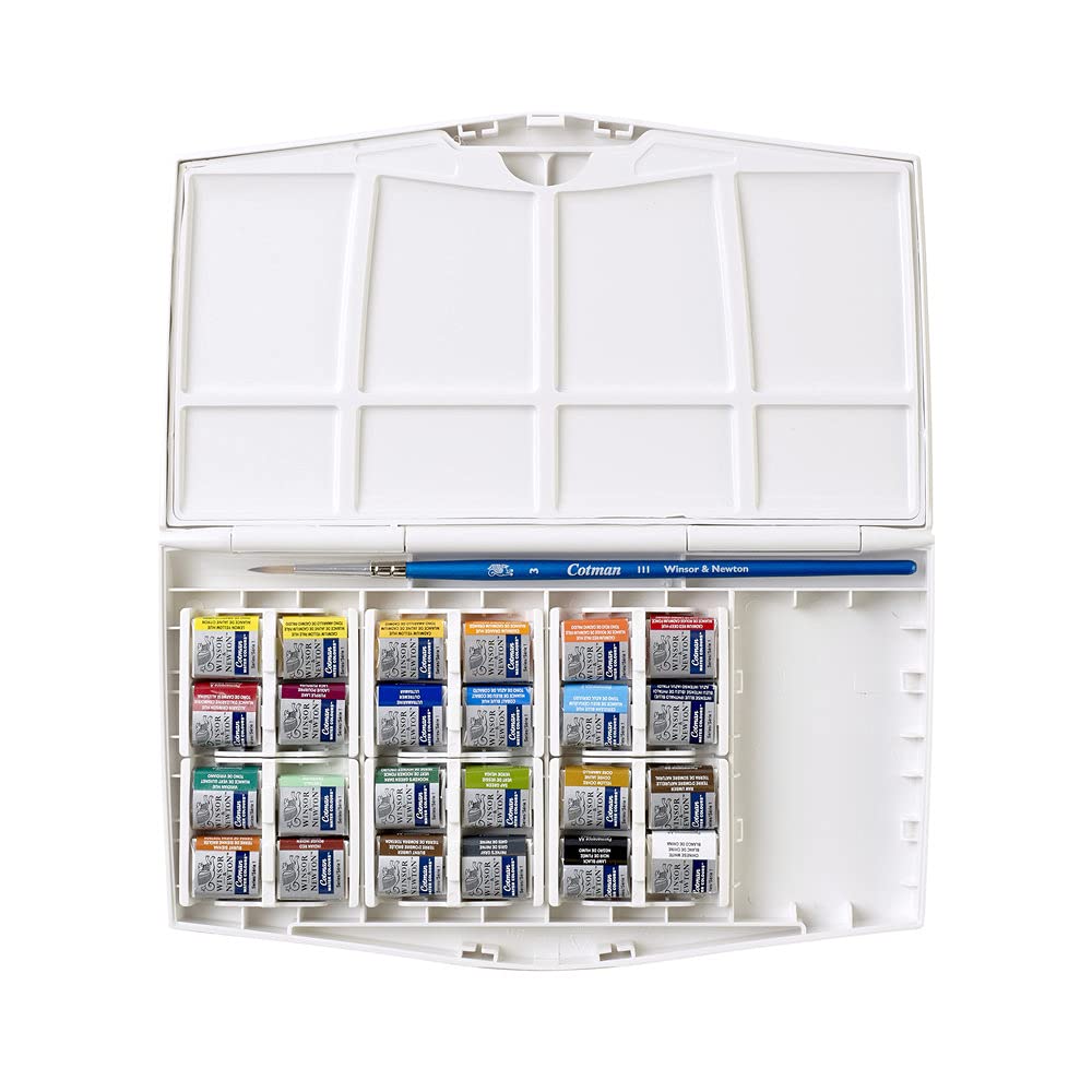 Winsor & Newton Cotman Watercolour Travel Set - 24 Half Pans + Brush | High Lightfastness