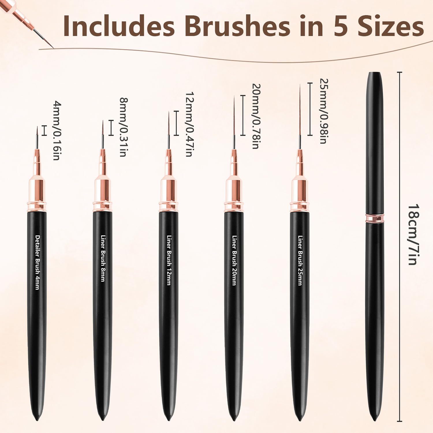 MOXYOY 5Pcs Nail Art Liner Brushes Set - Ultra-Soft Nylon, Metal Handles, 5 Sizes (4mm-25mm) 2