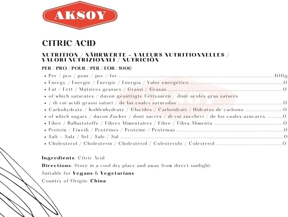 Aksoy - Citric Acid Food Grade 500g | Non-GMO, for Bath Bombs, Cleaning, Canning & Sour Drinks