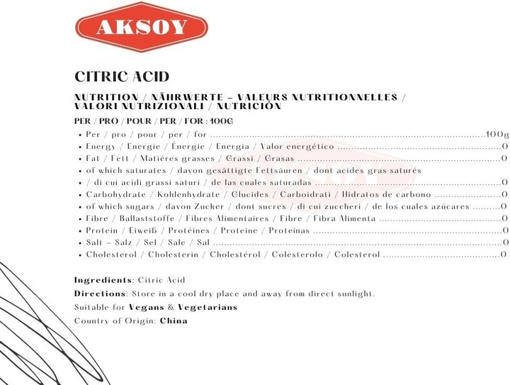 Aksoy - Citric Acid Food Grade 500g | Non-GMO, for Bath Bombs, Cleaning, Canning & Sour Drinks