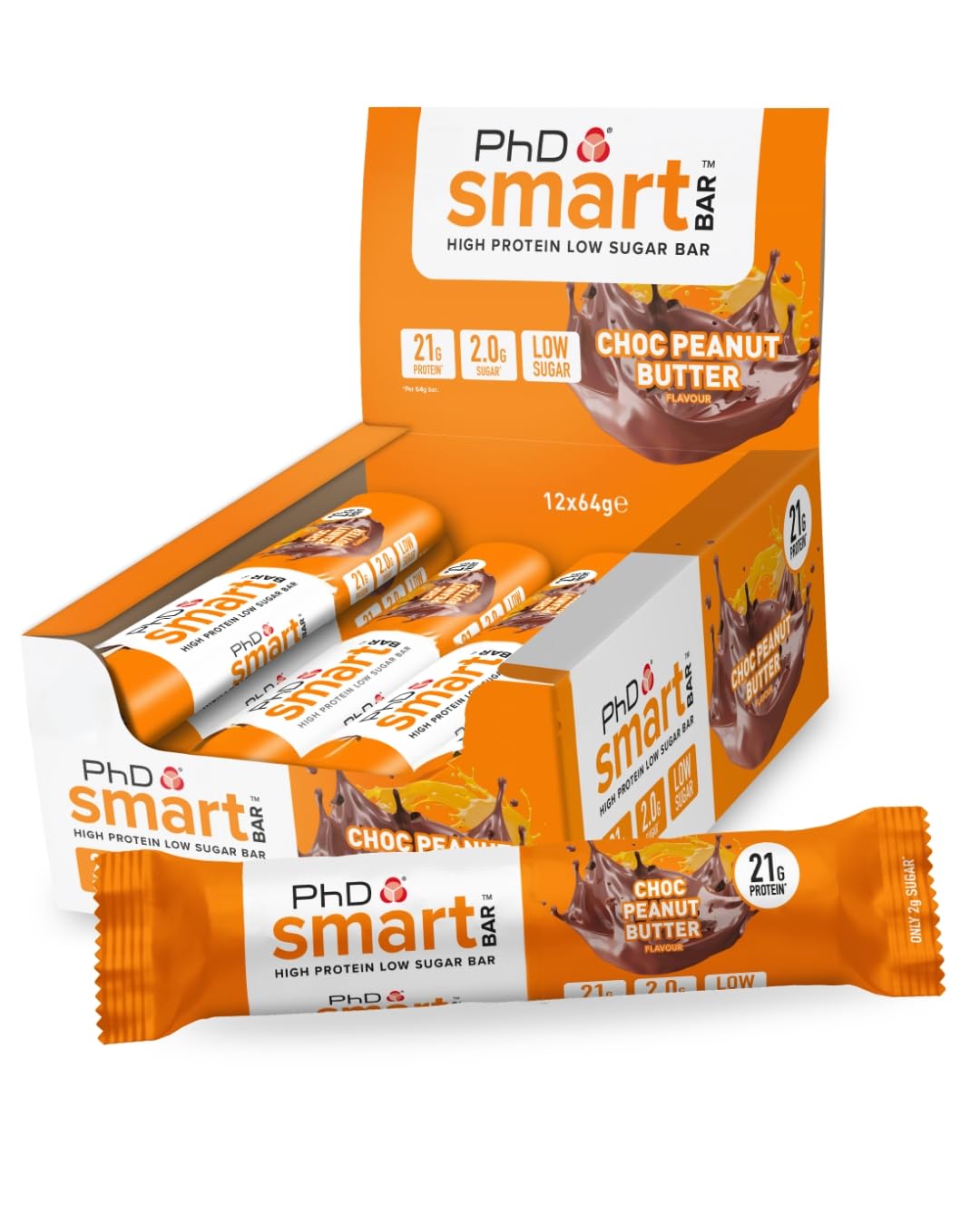 PhD Nutrition Smart Protein Bar Low Sugar High Protein Chocolate Peanut Butter 64g (12 Pack) 1