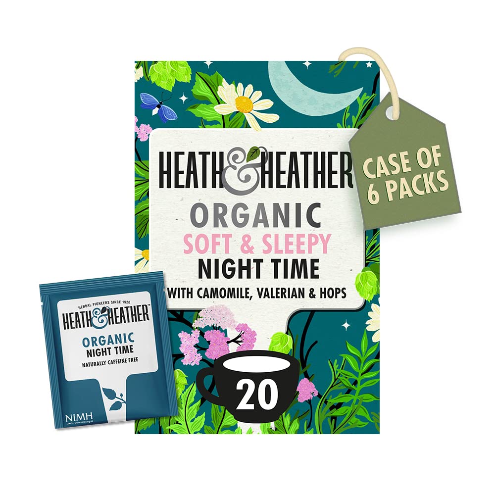 Heath & Heather Organic Soft & Sleepy Night Time Tea Bags (6 x 20) - 120 Total Herbal Tea Infusions with Camomile, Valerian & Hops