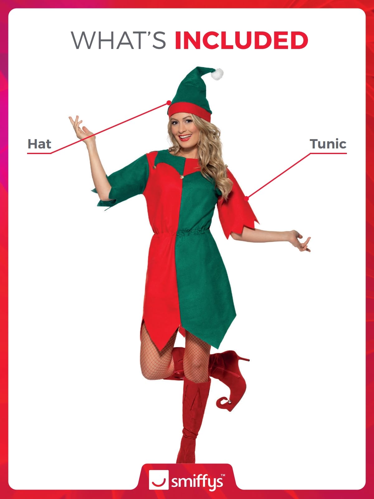 Smiffys Women's Elf Costume - Festive Holiday Tunic with Bells and Hat (Large) 4