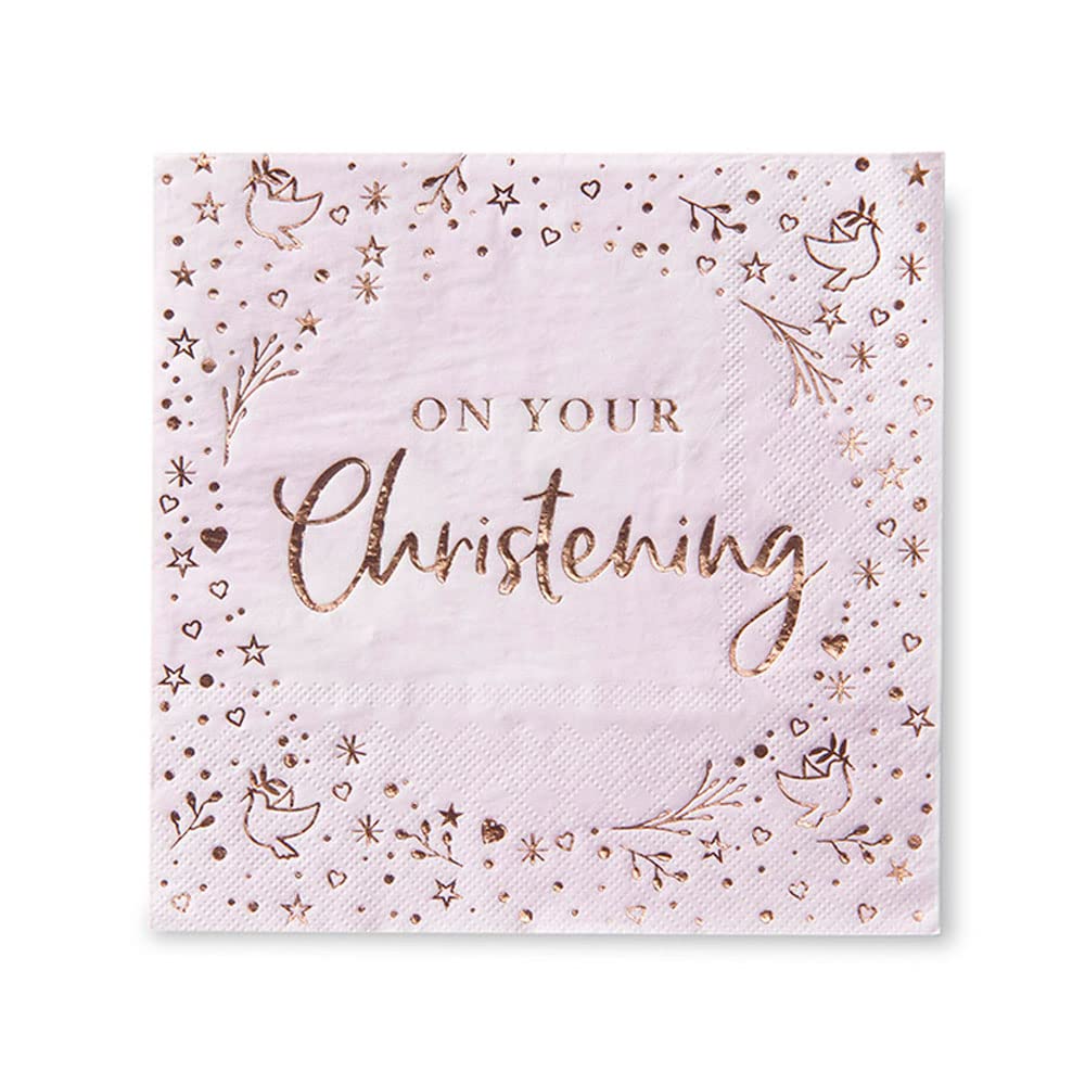 Anniversary House Pink Christening Lunch Napkins - 3 Ply Foil Stamped | 33 x 33cm Unfolded