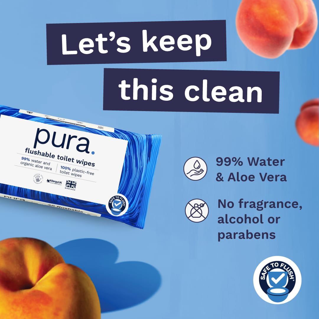 Pura Flushable Moist Toilet Tissue Wipes - 40 Count Pack, 100% Plastic Free 3