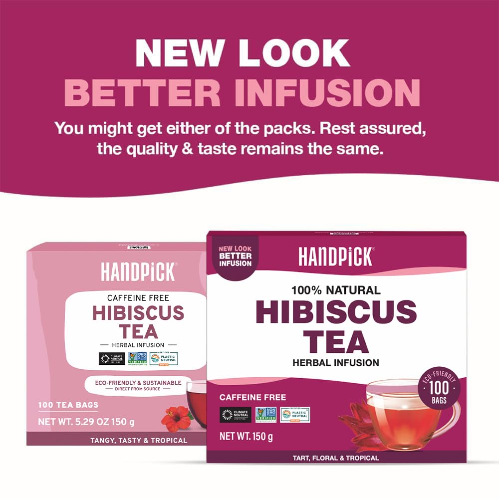 HANDPICK Hibiscus Tea Bags - 100 Count | 100% Pure Herbal Tea | Brew Hot or Iced | Carbon-Neutral & Plastic-Neutral