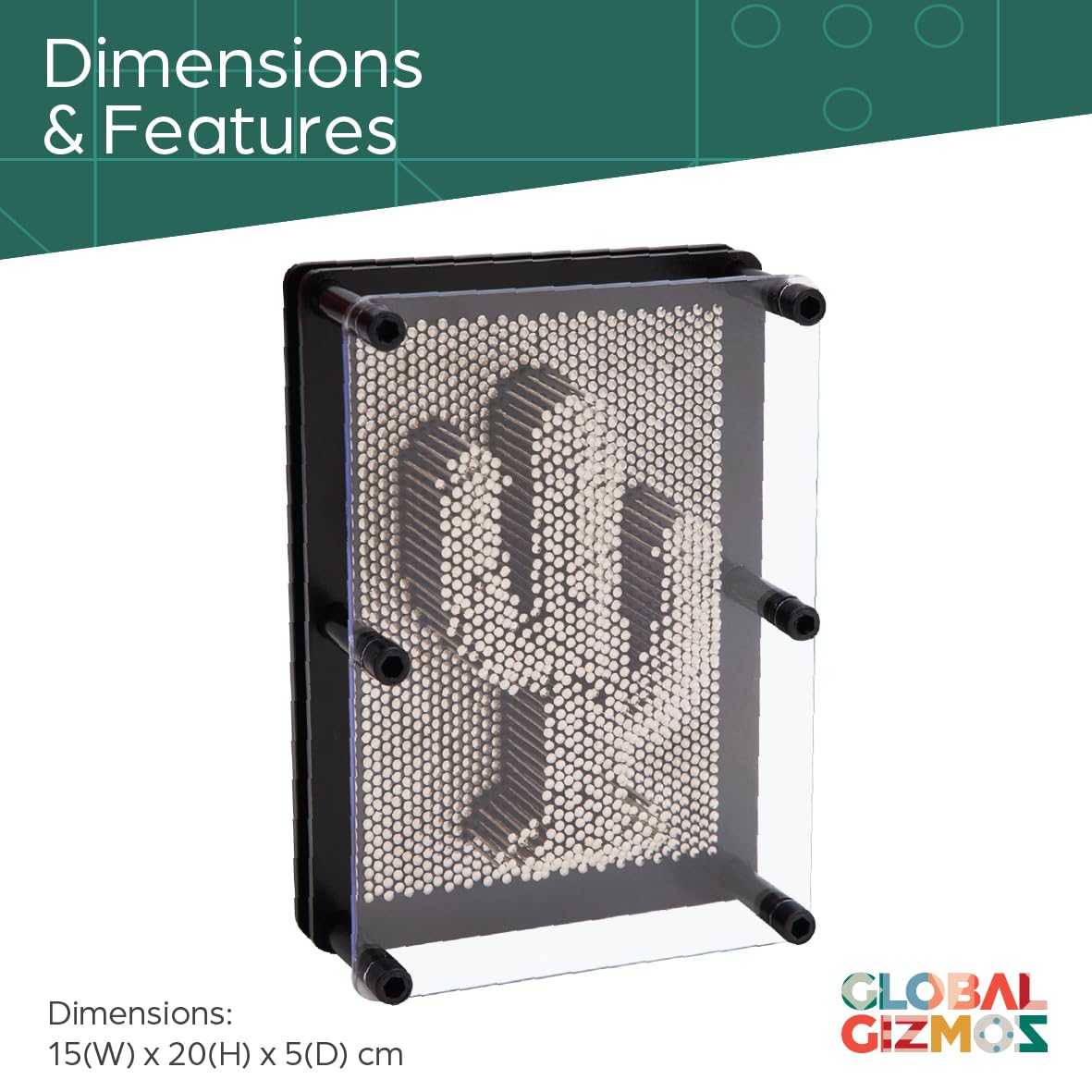 Global Gizmos 30350 Metal Pin Art Impression Toy - 3D Desktop Sculpture Gadget | 20cm x 15cm 2