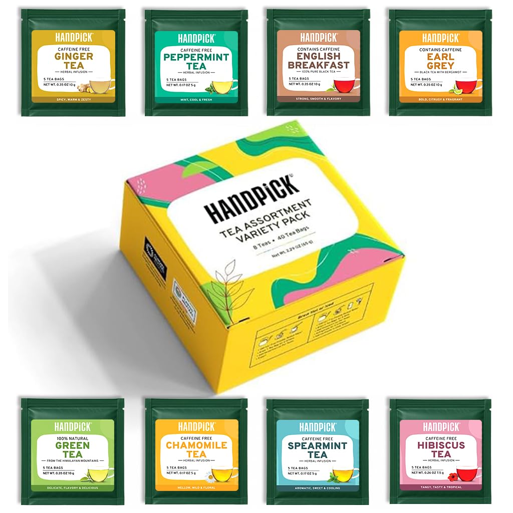 HANDPICK Tea Sampler Gift Box - 8 Flavors, 40 Tea Bags | English Breakfast, Green, Herbal
