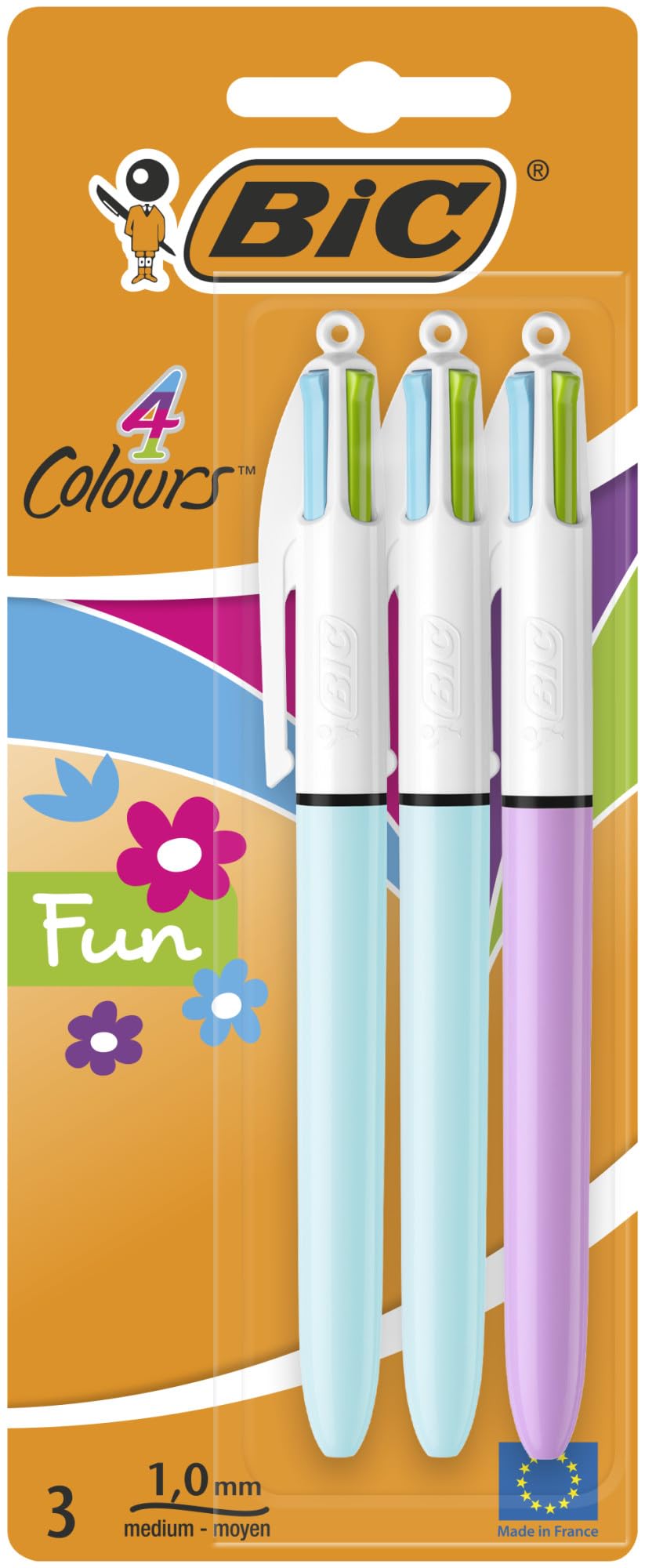 BIC 4 Colours Fun Retractable Ballpoint Pens - 4 Ink Colours, Medium 1.0 mm Point, Pack of 3 1