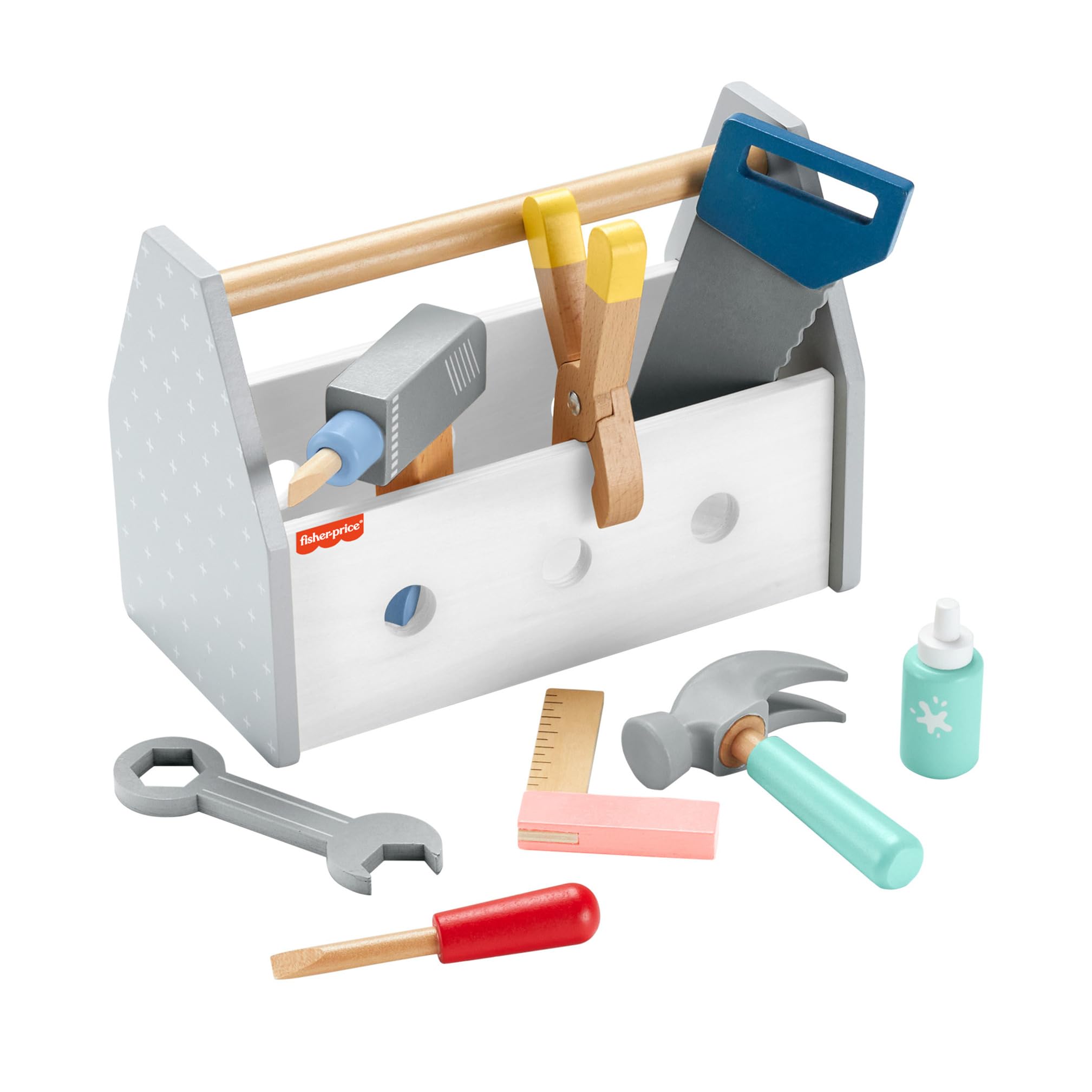 Fisher-Price Wood Pretend Play Toy Tool Box with Drill, 9-Piece Wooden Set | Ages 3+ 1