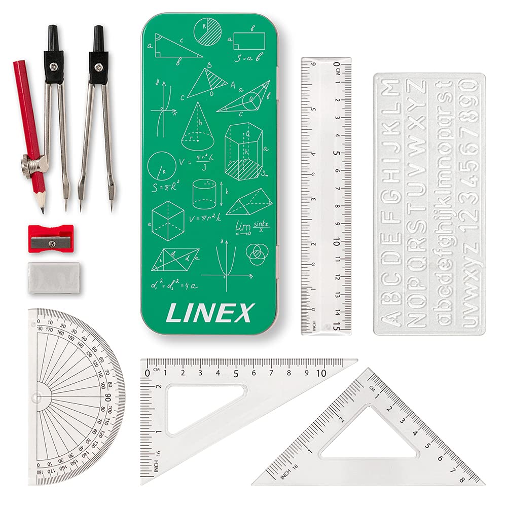 Linex Geometry Set for Students - 10 Pieces in Metal Tin | Compass, Protractor, Ruler