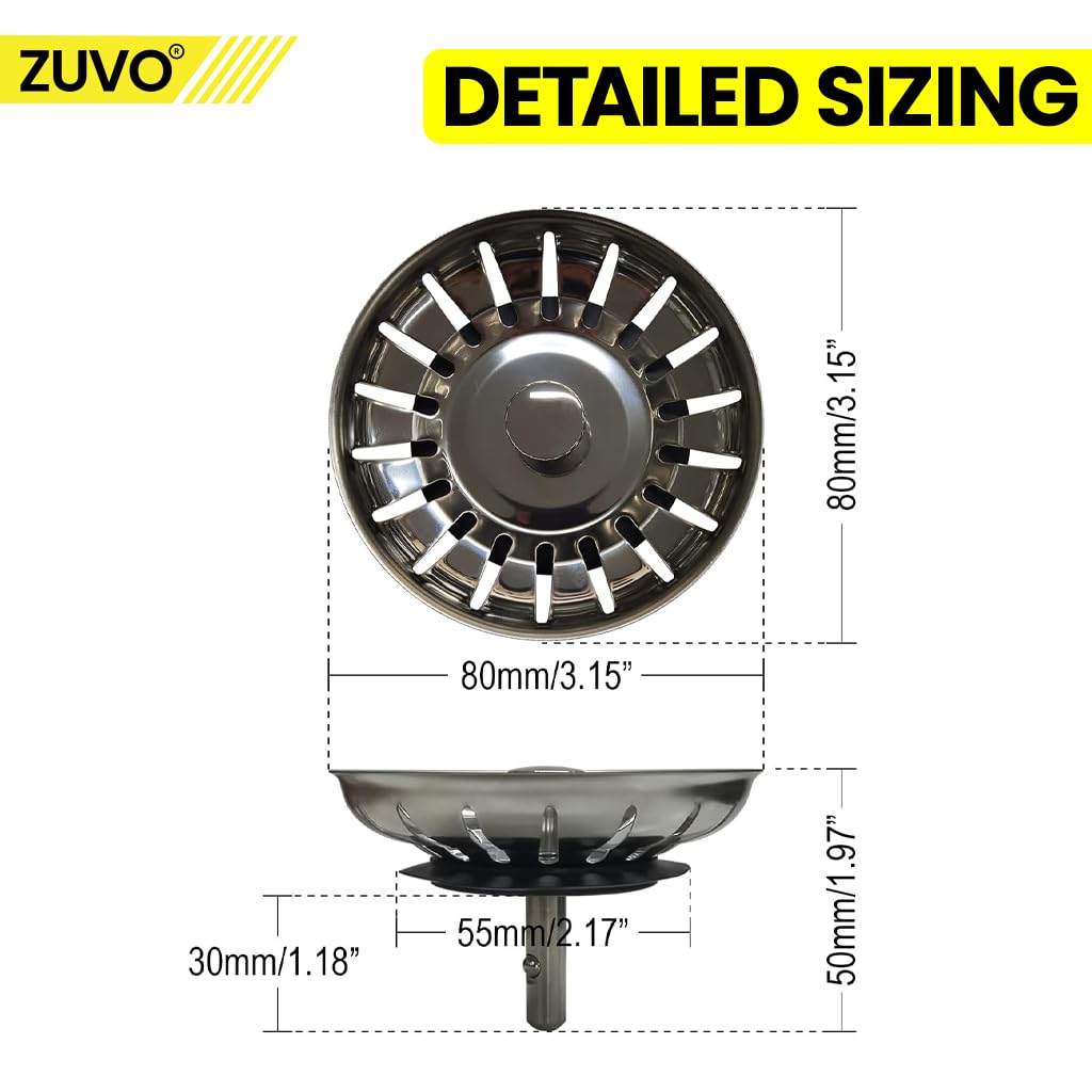 Zuvo 78mm Stainless Steel Kitchen Sink Strainer Plug Replacement 3