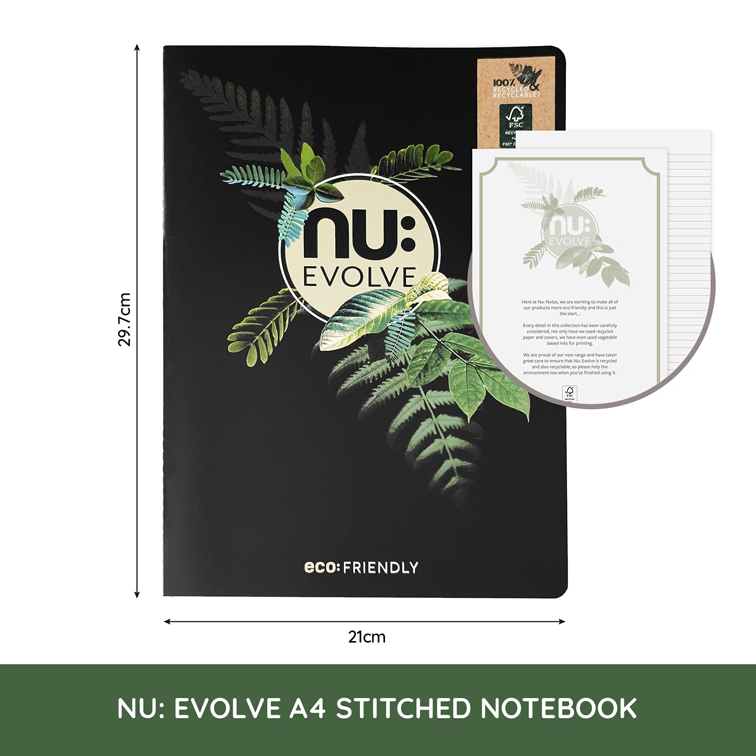 nu: Evolve A4 Stitched Notebook | Recycled FSC Paper | Ruled | Soft Cover | Black 2