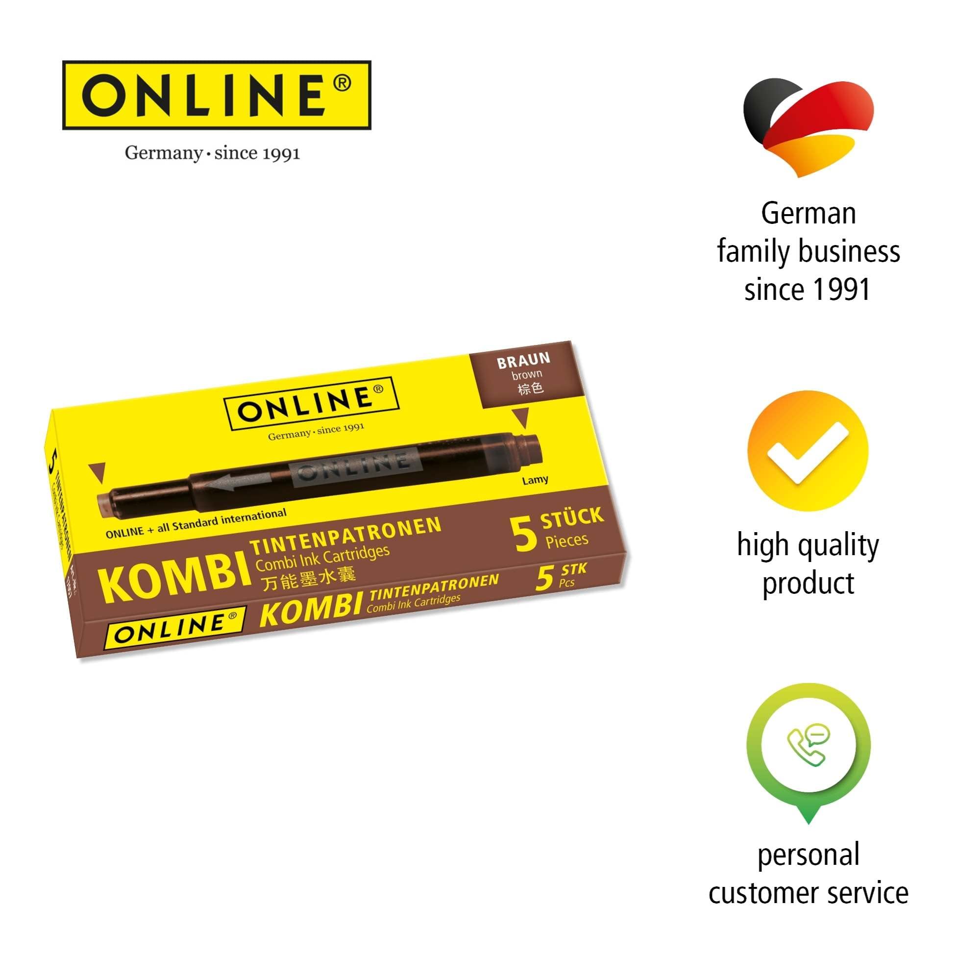 Online Universal Double-Sided Fountain Pen Refills - Brown Ink | 5 Cartridges | Compatible with Lamy 7