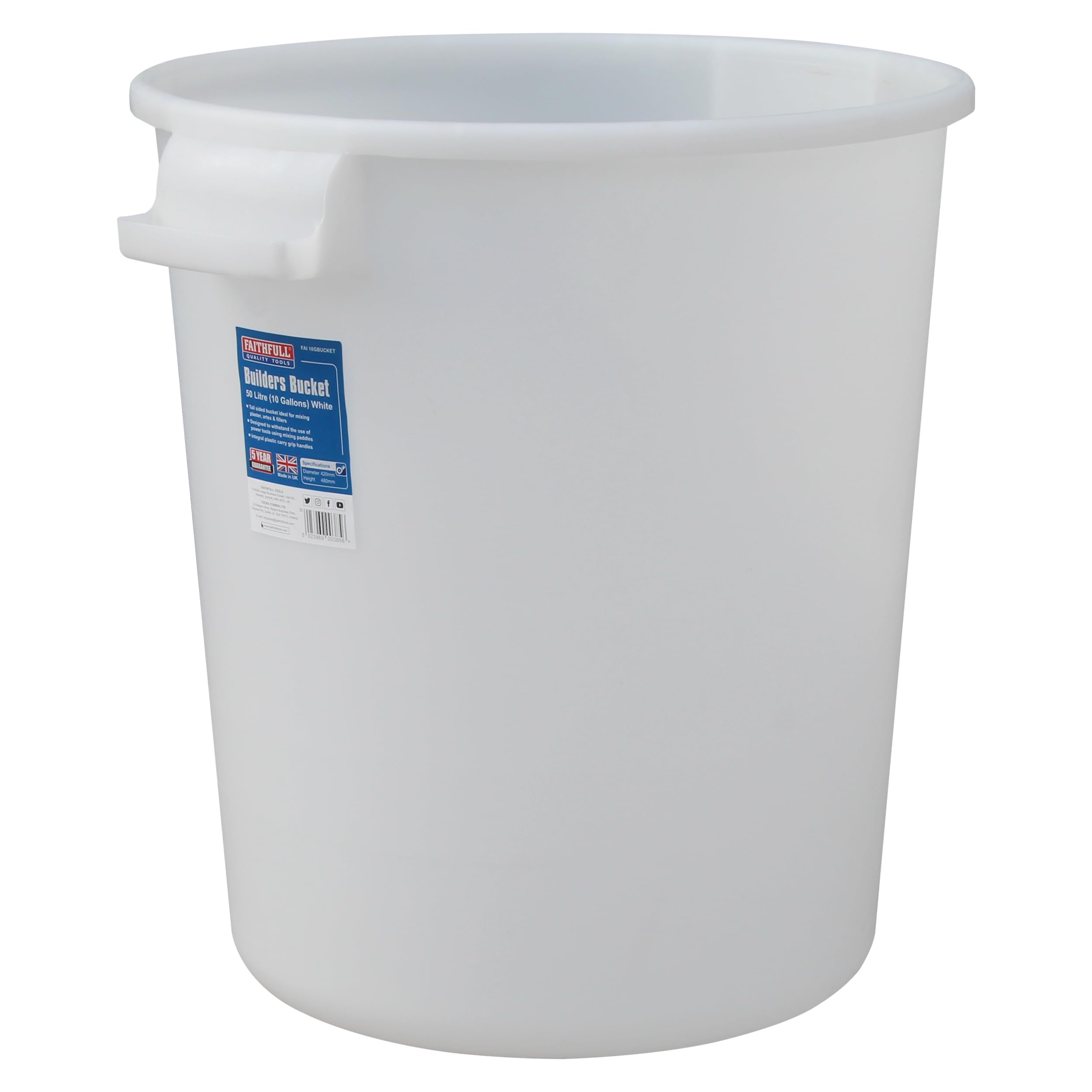Faithfull 50 Litre Builders Bucket - White | Durable Plastic Construction | Ergonomic Design