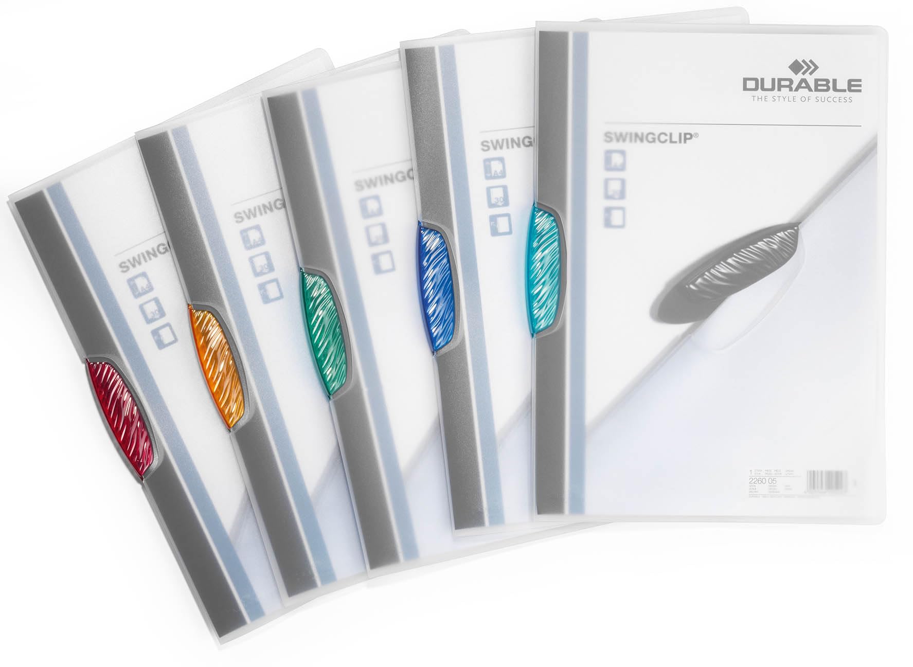 Durable SWINGCLIP® - 5 Pack A4 Clip Folders | Holds 30 Sheets | Transparent with Multicolor Clips 1