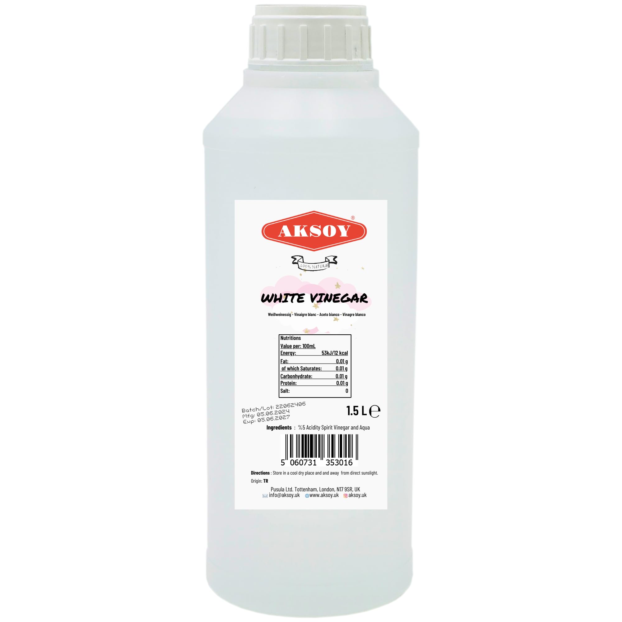 AKSOY Distilled White Spirit Vinegar - 1.5L | Premium Quality for Cooking & Natural Cleaning