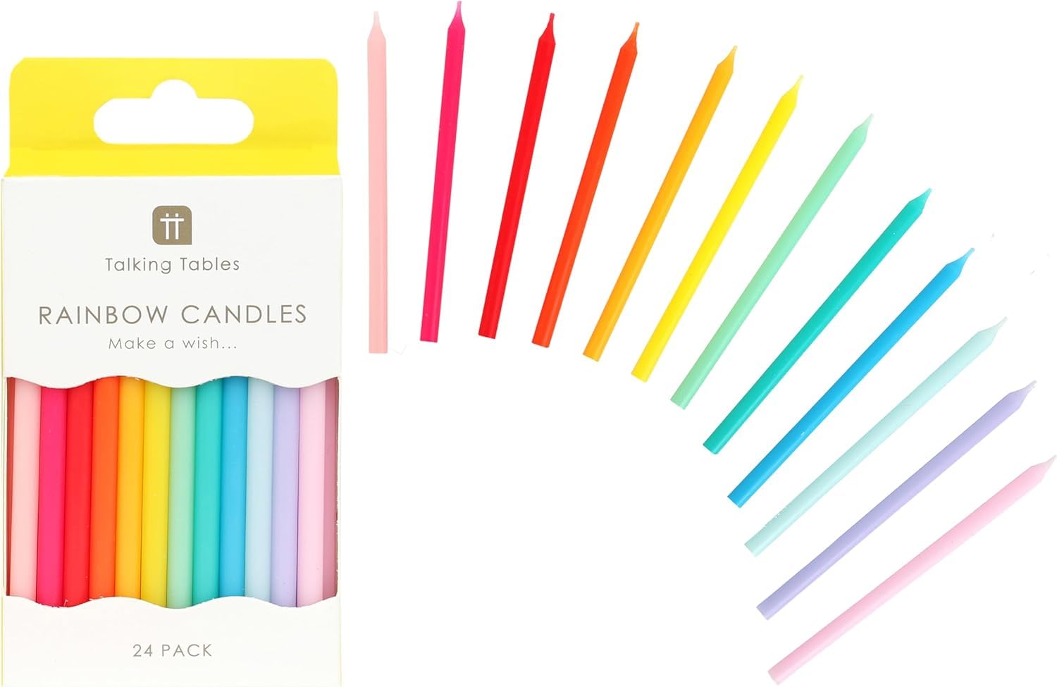 Talking Tables 24 Pack Rainbow Birthday Candles - 6cm Slim Wax Cake Topper | Clean Burn 3