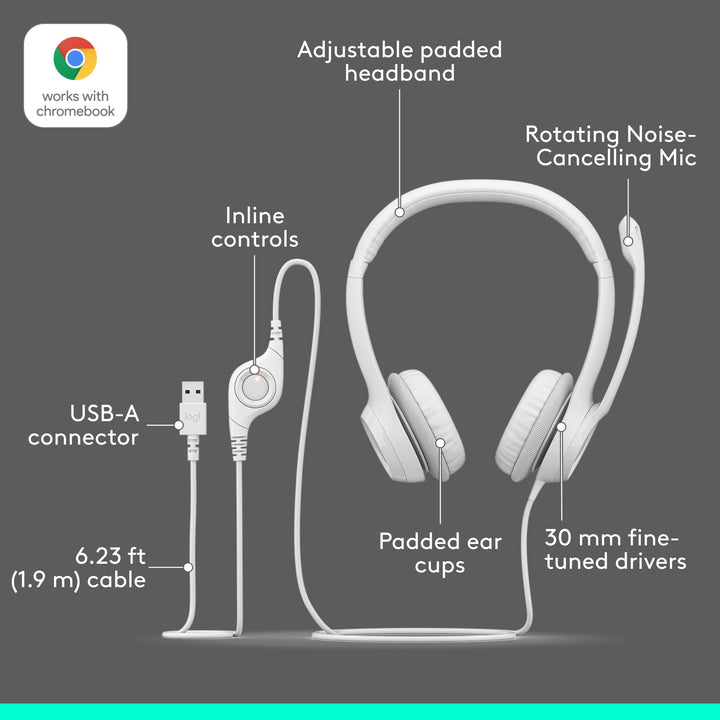 Logitech H390 Wired USB Headset with Noise-Cancelling Mic for PC, Chromebook, Laptop - Stereo Sound, In-line Controls, 1.9m Cable