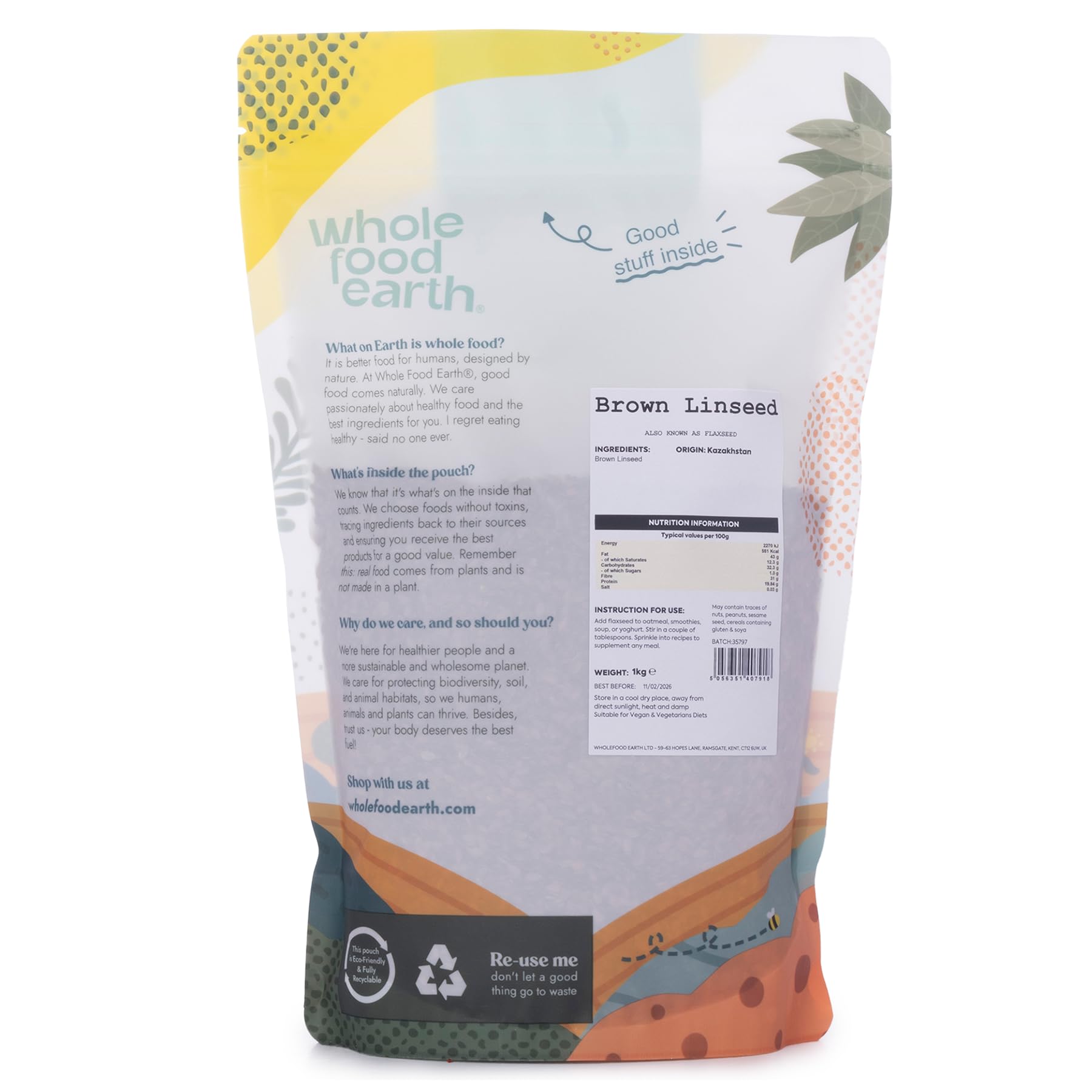 Wholefood Earth Brown Linseed/Flaxseed - 1 kg Bag | Wheat-Free Fibre Source | Rich in Omega-3 ALA 2