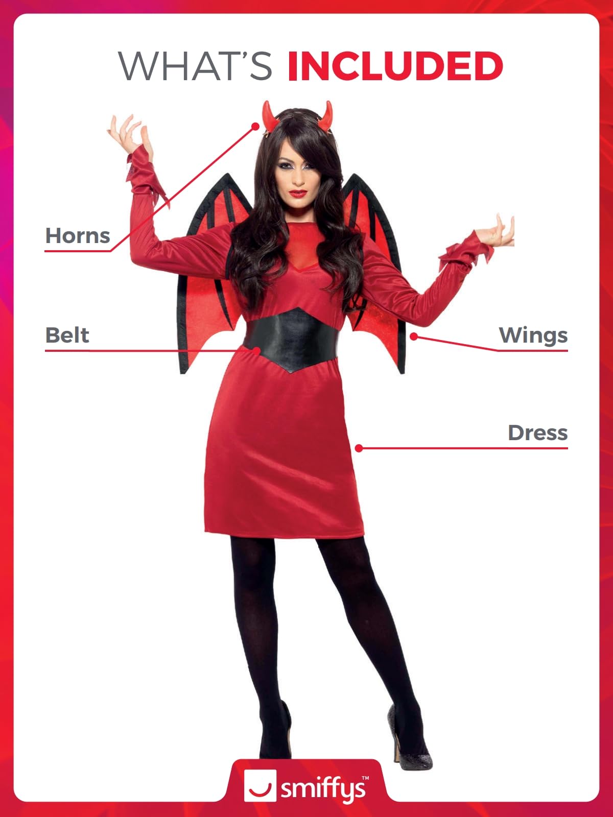 Smiffys Economy Devil Costume - Adult Red Dress, Wings, Belt & Horns, UK 12-14