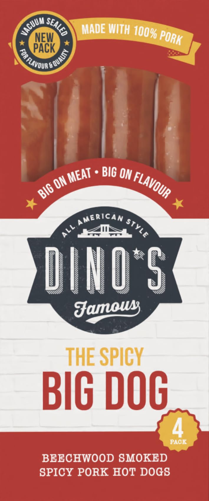 Dino's Famous All American Style Spicy Big Dog Pork Hot Dogs | 360g Pack | Beechwood Smoked 1