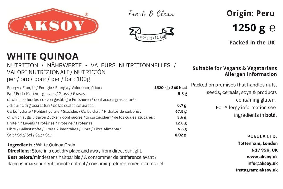 Aksoy White Quinoa 1.25KG - Whole Grain, Ready-to-Cook, Non-GMO, Plant-Based Protein