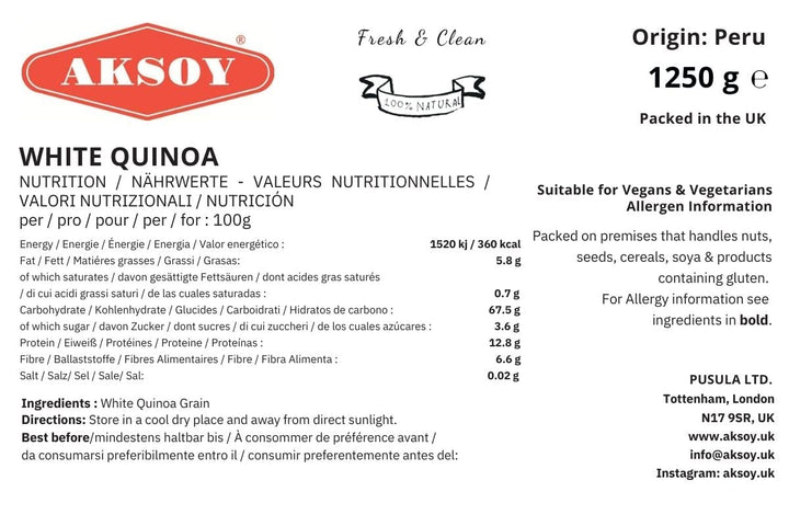 Aksoy White Quinoa 1.25KG - Whole Grain, Ready-to-Cook, Non-GMO, Plant-Based Protein